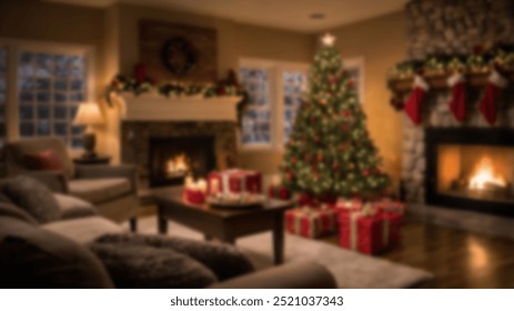 A charming Christmas living room with a decorated tree, fireplace, and stockings, set for a cozy family holiday evening. Ideal for seasonal and holiday themes. - Powered by Shutterstock