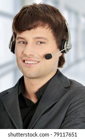 Charming customer service representative with headset on