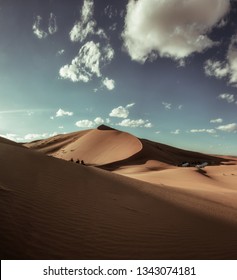 Charming Dunes Of Erg Chebbi, Sahara Desert, Next To The Frontier Between Morocco And Algera.
