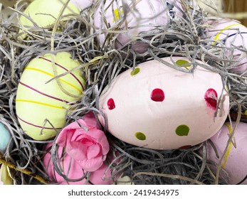 Charming Easter egg decorations adorned with festive embellishments, perfect for Easter celebrations