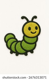 A charming, embroidered patch in the shape of a caterpillar. The design features a yellow head with a happy face and a segmented green body, all outlined with a thick, dark border.