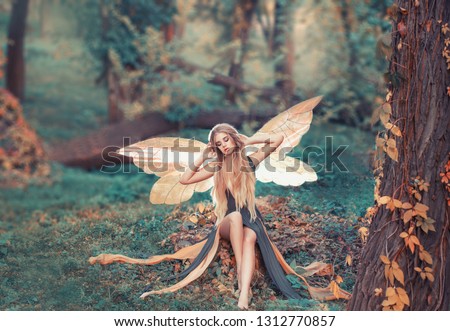 charming fairy woke up in forest, sweetly smacks after sleeping, cue girl with blond hair, eyes closed in long green dress with cut train, deep decolte, baby spirits with transparent butterfly wings.