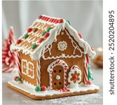 A charming gingerbread house decorated with candy canes and colorful icing, capturing the essence of holiday baking. Great for Christmas-themed designs and recipes.