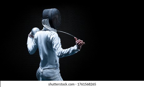 Charming girl dressed as a fencer posing with a mask and a sword. The concept of fencing. Back view. - Powered by Shutterstock