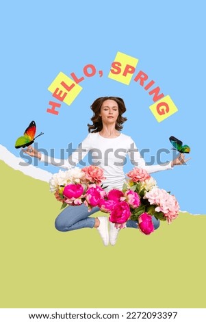 Charming girl practicing yoga inner balance hold butterflies on fingers have flowers in gynecology health care zone conceptual collage