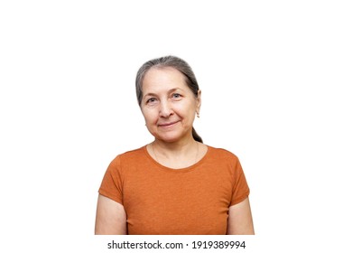 Charming Grey-Haired Woman  in  brown t-shirt Smiles. Portrait