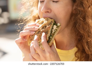  Charming Happy Hungry Woman On Diet Laugh And Biting Off Big Meat Pie. 