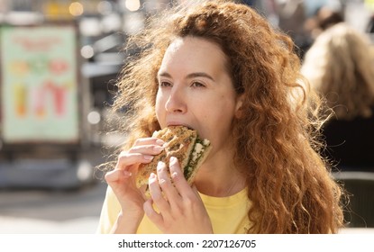  Charming Happy Hungry Woman On Diet Laugh And Biting Off Big Meat Pie. 