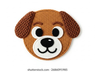 A charming knitted patch featuring the face of a friendly dog, perfect for crafts and decoration.