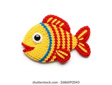 A charming knitted patch of a yellow fish with red and blue accents, perfect for crafts and decoration.
