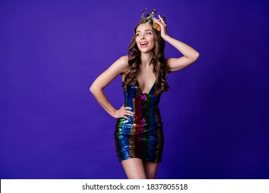 Charming Lady Party Prom Queen Laughing Look Empty Space Wear Crown Sequins Mini Dress Isolated Purple Color Background