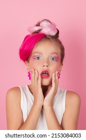 Charming Little Girl With Pink Hairstyle And Pink Makeup. Tween Young Model Posing On Pink Background.