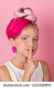 Charming Little Girl With Pink Hairstyle And Pink Makeup. Tween Young Model Posing On Pink Background.