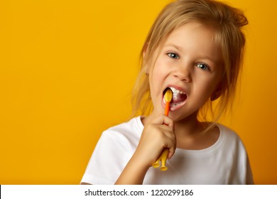 Charming Little Girl In White T-shirt Cleaning Teeth With Colorful Kids Toothbrush Looking At Camera