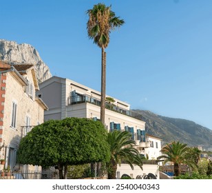 Charming Mediterranean Building with Palm Trees and Mountain Views on a Sunny Day - Powered by Shutterstock