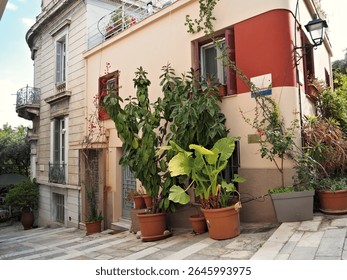 Charming Mediterranean house facade with an array of lush potted plants placed in front of the entrance.