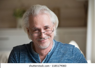 Charming Middle Aged Elderly Old Grey Haired Man Wearing Glasses Looking At Camera Posing At Home, Happy Handsome Positive Single Mature Senior Retired Male With Smiling Face Head Shot Portrait