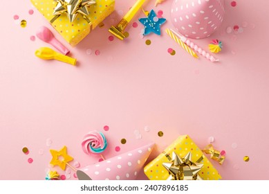 Charming party essentials layout. Top view of jubilant table arrangement with celebratory elements such as gift packages, party hats, lollipops, candles, balloons, confetti on pastel pink surface
