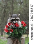 Charming raccoon playfully interacts with vibrant red roses and delicate white flowers, a whimsical woodland scene perfect for captivating visuals.