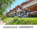 Charming Red Brick Row Houses with American Flags, Suburban USA