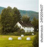 Charming rural landscape showing a white country house surrounded by trees. In the front you can see hay bales in the meadow and in the background you can see the hills.