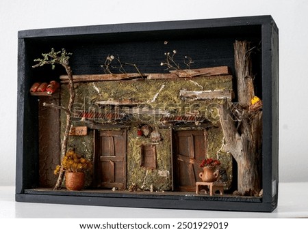 Charming, rustic scene with a vibrant, textures and color palette, captured in a detailed miniature diorama.