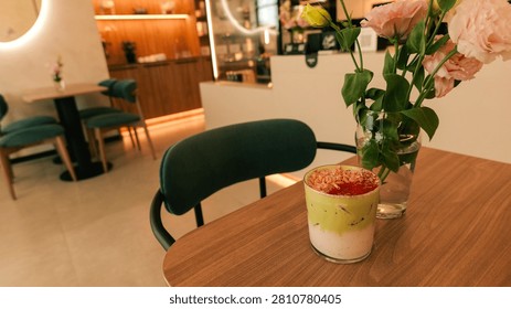 A charming caf? scene featuring a vibrant dessert and delicate flowers, perfect for a cozy outing