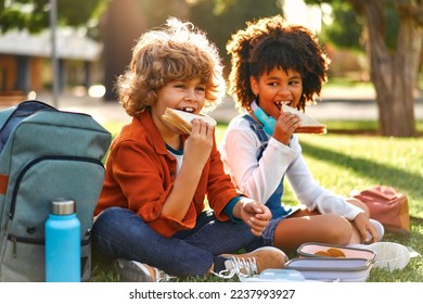 Charming schoolchildren after school resting sitting on the grass in the park. An African-American girl with a Caucasian boy took out lunchboxes with sandwiches from their backpack and eating. - Shutterstock ID 2237993927