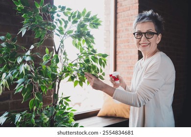 Charming senior woman with short grey hair wearing a casual pullover, smiling while watering indoor plants with spray bottle - Powered by Shutterstock