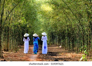 The charming slender girl in traditional ao dai Vietnam goes in bamboo forest. 