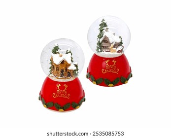 Charming snow globe with a winter scene, showcasing a cozy cottage surrounded by a snowy landscape and trees. - Powered by Shutterstock