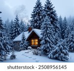 A charming snow-covered cottage nestled in a forest, with smoke gently rising from the chimney. The surrounding pine trees are heavily laden with fresh snow, and soft snowflakes are falling from a clo