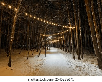 A charming snowy path winding through a tranquil forest at night, beautifully adorned with twinkling Christmas lights hanging gracefully from the tall trees all around me, creating a magical scene - Powered by Shutterstock