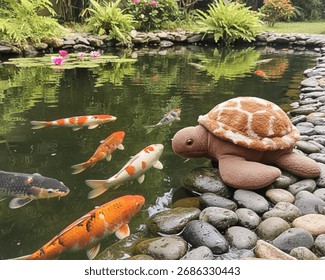 A charming stuffed turtle resting by a koi pond, watching colorful koi fish swim in the clear water.