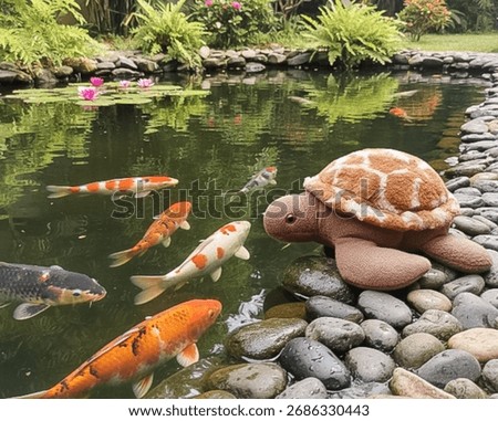 A charming stuffed turtle resting by a koi pond, watching colorful koi fish swim in the clear water.