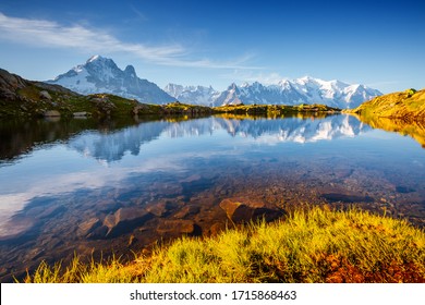 Charming summer scene of Lac Blanc on the background of Mont Blanc glacier. Location Chamonix resort, Aiguilles Rouges, Graian Alps, France, Europe. Most beautiful place. Discover the beauty of earth.