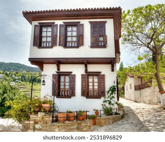  A charming traditional Turkish house with wooden shutters and intricate details sits on a stone-paved street, surrounded by potted plants and greenery.  - Powered by Shutterstock