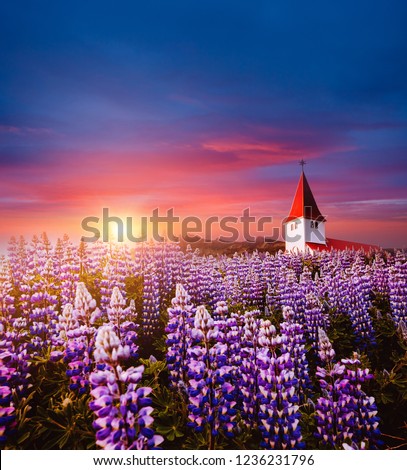 Charming view of Vikurkirkja christian church in evening light. Location place Vik i Myrdal village, Iceland, Europe. Scenic image of most popular tourist destination. Discover the beauty of earth.