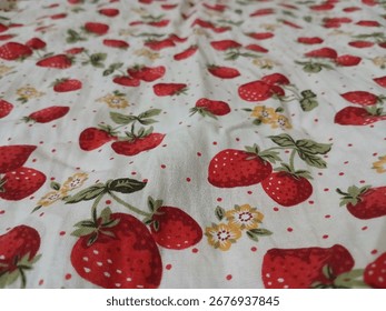 A charming white fabric with a repeating pattern of bright red strawberries, green leaves, and small yellow flowers.