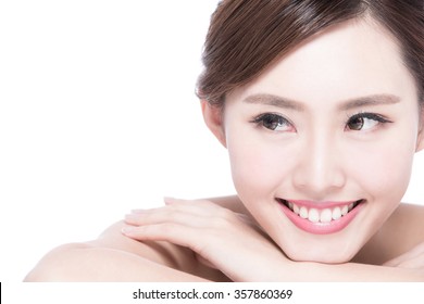 Charming woman face Smile to you close up while lying isolated on white background, asian girl