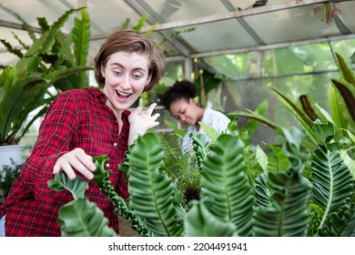 Charming Woman Owner An Ornamental Garden With Assistant Surprise After Check The Plants On A Shelf In A Green House For Sell. Portrait Of Charming Caucasian Woman Owner Of Garden Center