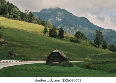 A charming wooden cabin nestled in a picturesque valley surrounded by rolling green hills and a majestic mountain backdrop. The peaceful scene evokes a sense of tranquility and natural beauty.Slovenia - Powered by Shutterstock