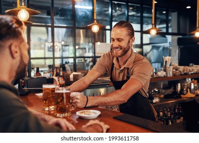 Charming young bartender in apron serving beer and smiling while working in the pub - Powered by Shutterstock