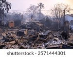 Charred vehicles lie in devastation as wildfires rage in the Los Angeles area, capturing the intense impact of the disaster.