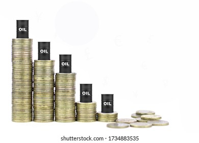 Chart Of The Fall In World Oil Prices, Columns Of Metal Coins With A Barrel Of Oil At The Top.