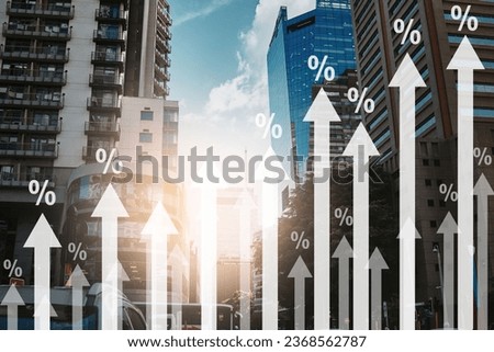 Chart, finance and overlay on buildings, increase and inflation with cost of living crisis with stats, numbers or traffic. Graph, arrow and percentage for economy data, growth or gdp in Cape Town cbd