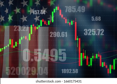 Chart of price fluctuations on the background of the American flag.Trading on the new York stock exchange. Changing the values of us stock indexes. 