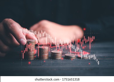 Chart With Red Down Arrow With Businessman Stacking Rows Of Coins. Falling Growth In Business. Graph Down World Economic Recession Concept.