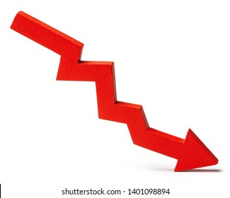 Chart with red down arrow isolated on white background. Falling growth in business
