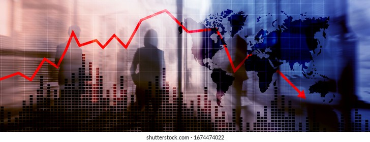 Chart with red down arrow on abstract background. Falling growth in business